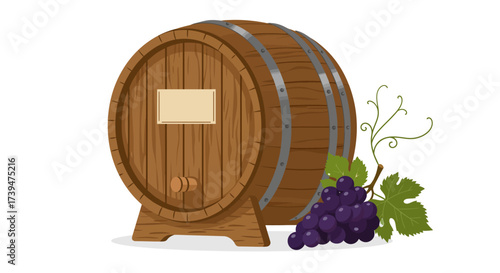 A wooden wine barrel stands next to a bunch of purple grapes and leaves