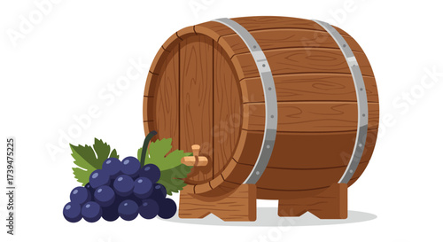 A wooden barrel with silver bands and a bunch of grapes with leaves