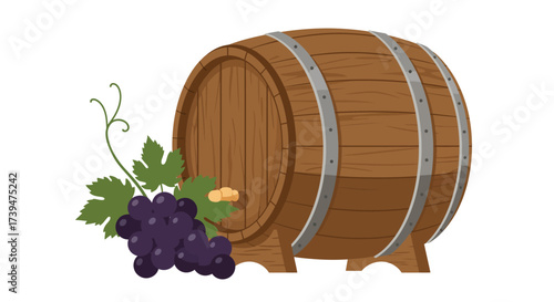 A wooden barrel with metal hoops stands next to a bunch of dark grapes and green leaves