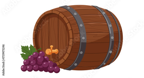 A wooden barrel with metal bands featuring grapes and a spigot