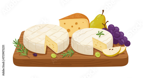 A wooden board displays two rounds of brie a cheese wedge a pear grapes pear slices olives and rosemary sprigs
