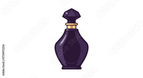 An isolated stylized purple perfume bottle with a gold neck ring and a faceted cap