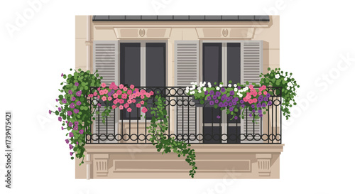 Building facade with balcony flowers pink purple  white spilling over wrought iron railing Shutters flank windows