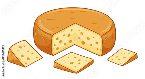 Cartoon cheese wheel with three slices removed yellow with holes and brown edges