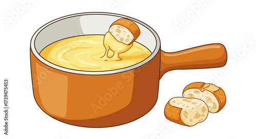Cartoon fondue pot with bread chunks dipped in cheese fondue
