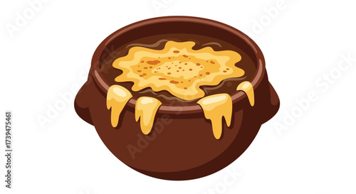 Cartoon image of a brown pot with melted cheese on top and dripping down the sides