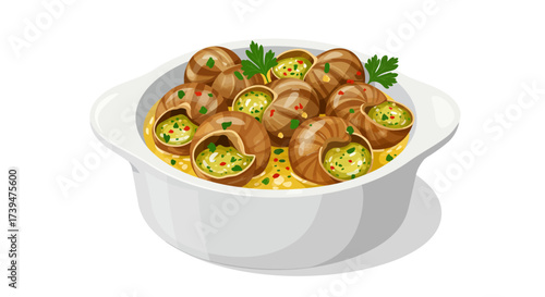 Escargots in a white ceramic bowl filled with sauce and garnished with parsley