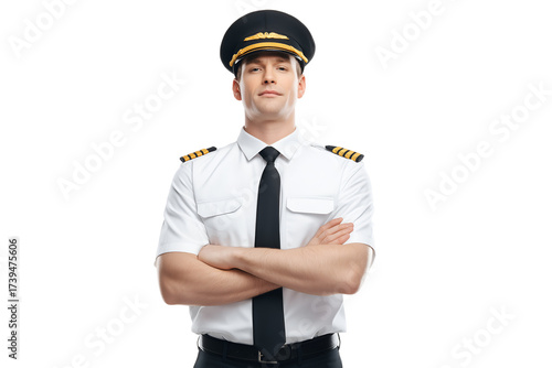 Confident airline pilot in crisp white uniform stands proud ready for takeoff on commercial flight