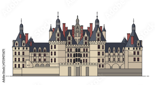 Illustration of a detailed castle with multiple towers and architectural elements