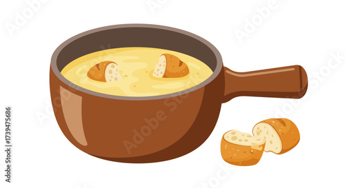 Illustration of bread soup in a brown pan with handle two pieces of bread sit beside it