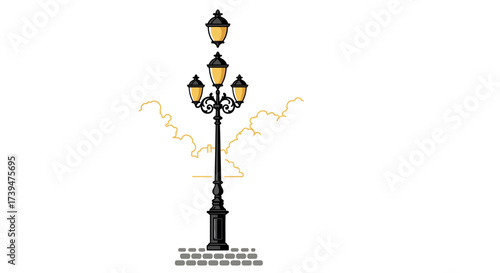 Lamp post with 3 lamps set against stylized cityscape and cloud background on brick