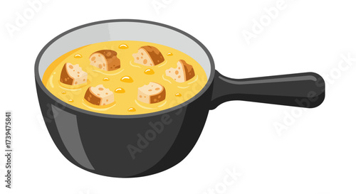 Pot of soup with croutons floating inside gray and black cooking pot with a single handle