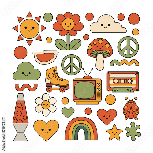 Retro 70s inspired cartoon icons sun flower mushroom peace sign roller skate and lava lamp 1970s groovy