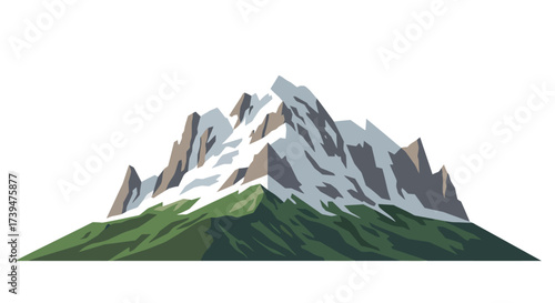 Polygonal mountain scene featuring snowy peaks and green terrain