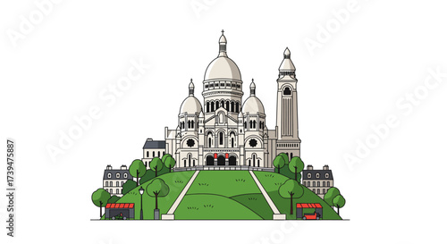 SacréCœur Basilica atop Montmartre in Paris with trees  buildings on a green hill