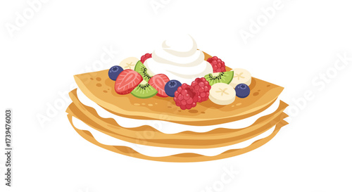 Stacked crepes topped with fruit  whipped cream