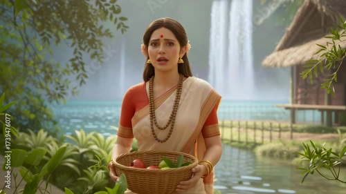 Sita Holding Offering Plate in Forest Ashram — cinematic stock footage featuring rich detail, vibrant atmosphere, and realistic motion. Perfect for mythology, documentaries, reels, and VFX scenes.