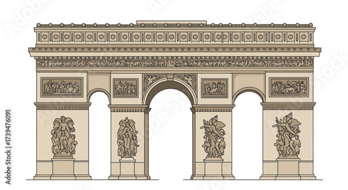 The Arc de Triomphe stands elegantly featuring detailed sculptures and classic architectural designs