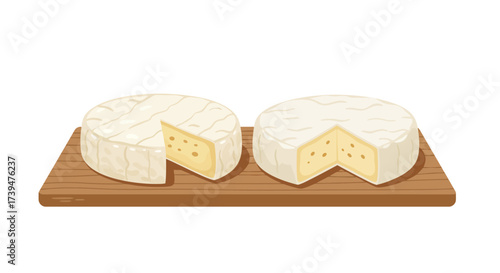 Two round cheeses with wedge removed sitting on a wooden board
