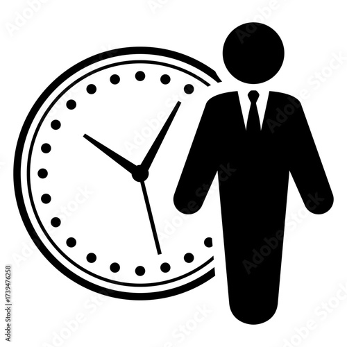 Logo horario de trabajo. Icono silueta hombre de negocios con traje y corbata con reloj