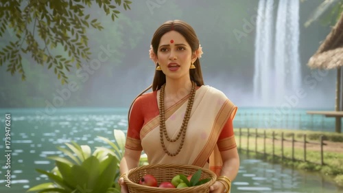 Sita Standing with Offering Plate Near Waterfall Hut — cinematic stock footage featuring rich detail, vibrant atmosphere, and realistic motion. Perfect for mythology, documentaries, reels, and VFX sce