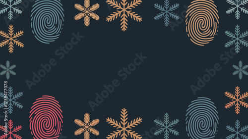 Dark background decorated with snowflakes and fingerprint patterns around the edges of the image