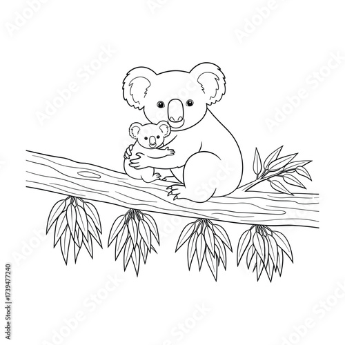 Mother and baby koala hugging on a eucalyptus branch line art mother koala animal