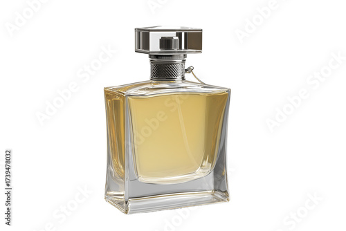 Elegant glass perfume bottle with golden liquid and luxurious silver cap, perfect for beauty advertising
