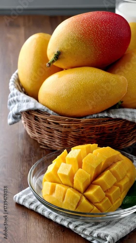 Fresh mangoes in a basket with sliced mango on a plate ready to enjoy at home kitchen