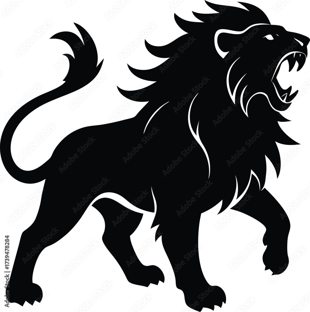 Obraz premium Black and white vector illustration of a wild lion head silhouette, perfect for a tribal tattoo design or heraldic logo