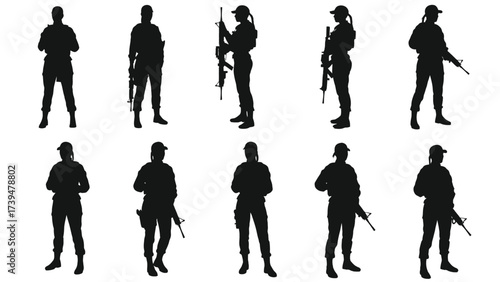 Female Tactical Soldiers Silhouettes Set On White Background