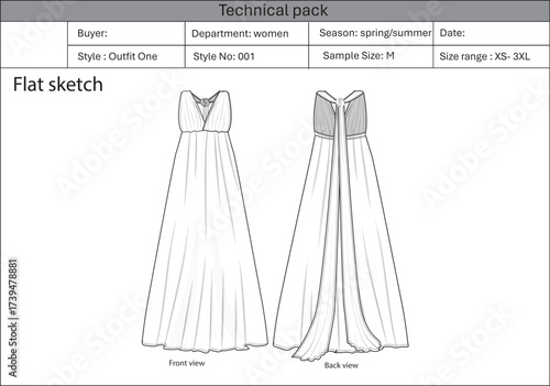Women Dress Flat sketch, Technical Drawing, Dress mock up 