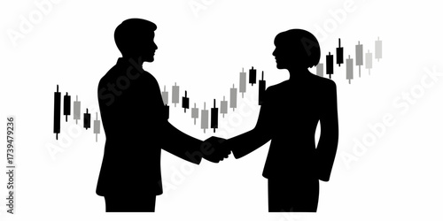 Dynamic business deal handshake between executives symbolizes financial growth and investment success with stock market candles for modern finance concept