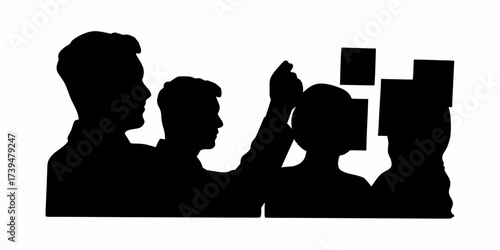 Dynamic team brainstorming innovative ideas, collaborative business strategy session with diverse perspectives, powerful silhouette of successful entrepreneurs