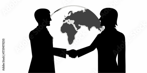 Global business deal with silhouette of two professionals shaking hands in front of world map, symbolizing partnership and international collaboration