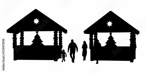 Silhouette family walking near Christmas tree stands, capturing the spirit of the holiday season with festive market stalls and holiday cheer