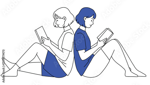 Young Women Reading Books Back To Back Minimalist Illustration