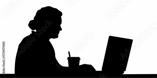 Silhouette of focused professional working remotely on laptop with coffee, ideal for digital nomad, freelancer, or flexible work lifestyle visuals