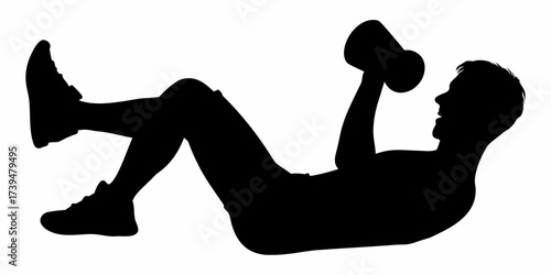 Dynamic silhouette of man doing dumbbell exercise lying down, perfect for fitness blogs, health promotions, and motivational workout content creation