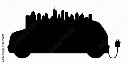 Dynamic electric vehicle illustration topped with city skyline, representing green urban transportation and sustainable living for a cleaner future