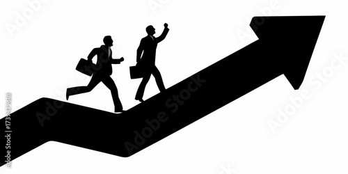 Businessmen climbing success arrow together, teamwork and achievement visualized, strategic career growth, ambitious goals, corporate motivation, vector style