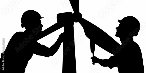 Renewable energy technicians working on wind turbine repairs, ensuring green power generation for a sustainable future with innovative technology
