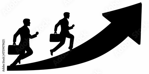 Dynamic business growth concept showing ambitious professionals chasing success on upward arrow, symbolizing career aspirations and corporate achievement, originally vector graphic