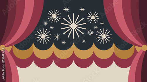 A theatrical stage with red curtains and decorative stars and scallops in a cartoon style art work