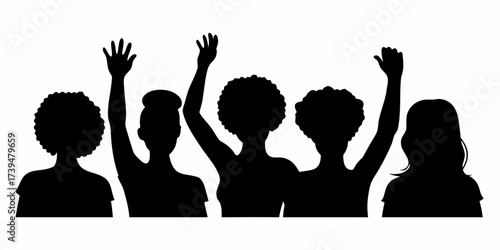 Empowered group of women celebrating unity and progress, raising hands in solidarity for social change and community empowerment, perfect for advocacy campaigns