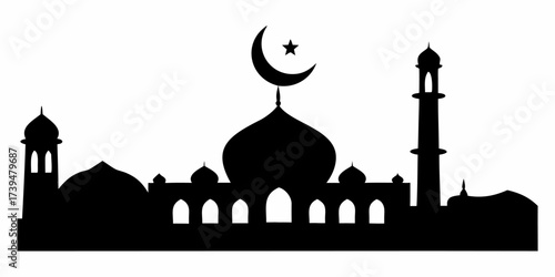Elegant mosque silhouette with crescent moon and star, capturing Islamic faith and culture, perfect for Ramadan designs and religious events promotion