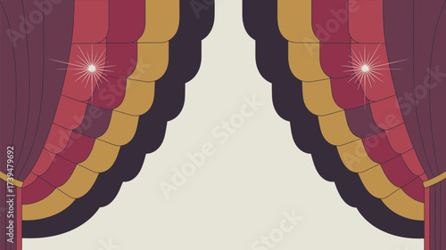 Illustrated stage curtains with layered scalloped design and sparkling accents on light background