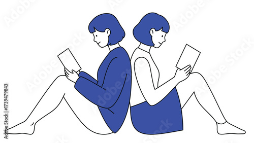 Two Young Women Sitting Back To Back Reading Books On White Background