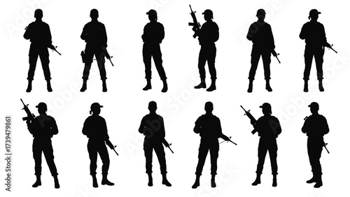 Female Soldiers Silhouettes with Assault Rifles on White Background