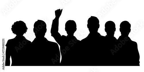 Silhouetted group of diverse people showing solidarity, raising hands in support, empowering a community, unity and team spirit, strength in numbers